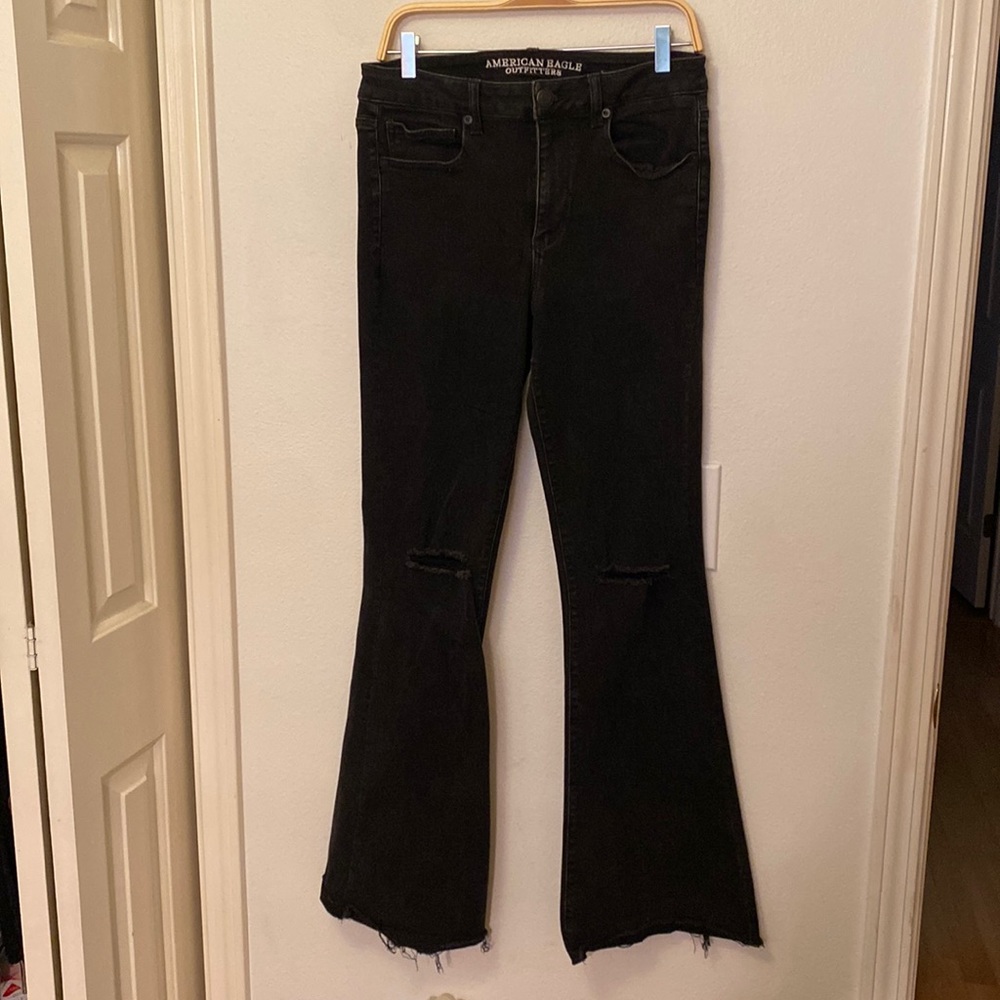 American Eagle Flare Distressed Black Washed Jeans